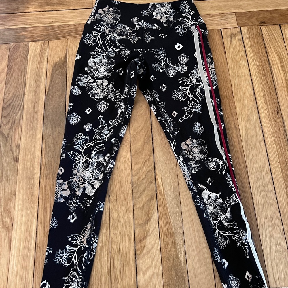 Girls Black Floral Side-Strip Active Leggings